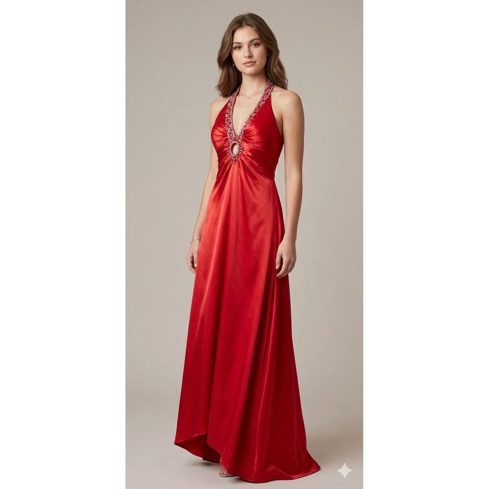 VTG Morgan & Co. 90s Evening Gown 3/4 Red Satin Beaded Halter Keyhole Prom Y2K